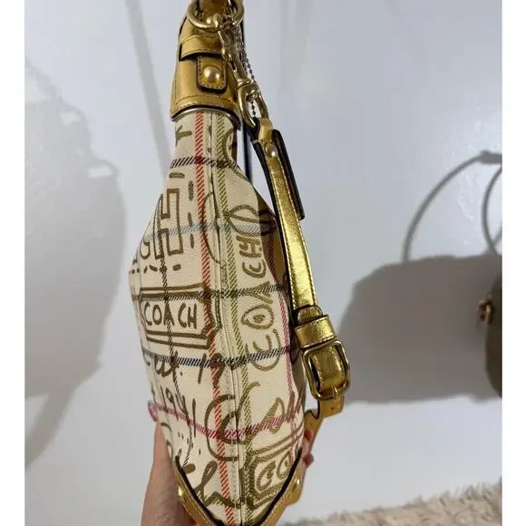 Coach Y2K Scribble Plaid Gold Trim Hobo Bag F13309 Pink Lining - Picture 7 of 11